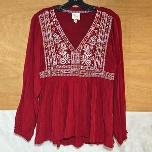3 for 20 Knox Rose Embroidered Top Long Sleeve Boho Peasant Womens Red Size M